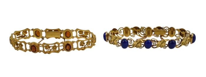 2 - 14K Yellow Gold Bracelets. Length 7" wt. 34.8 grams Lapis & Garnet.