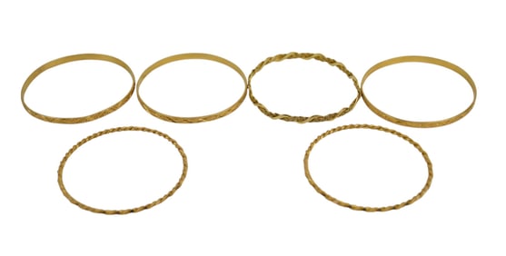 6 - 18K yellow Gold Bangle Bracelets. Wt. 71.5 grams, inner circumference 7"