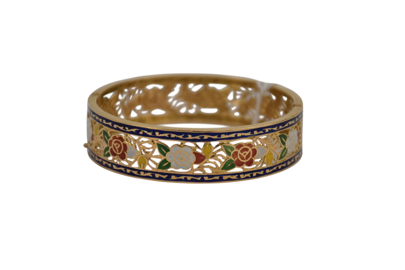 18K Yellow Gold Enamel Floral Motif Bracelet. . Wt. 22.3g 7" inner circumference with 1" opening.: 18K Yellow Gold Enamel Floral Motif Bracelet. . Wt. 22.3g 7" inner circumference with 1" opening.