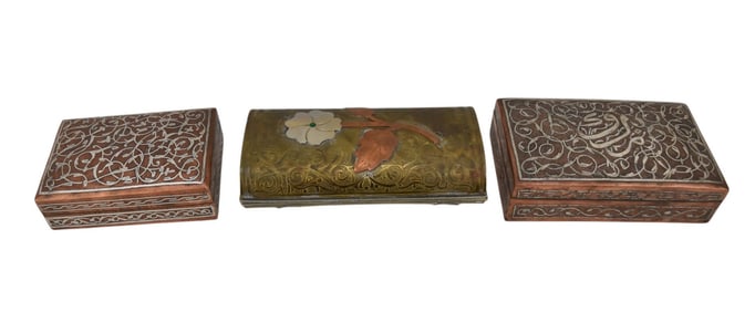 Two Antique Islamic Damascene Silver Over Copper Boxes - C. Late 19th-20th Century. Middle Eastern,