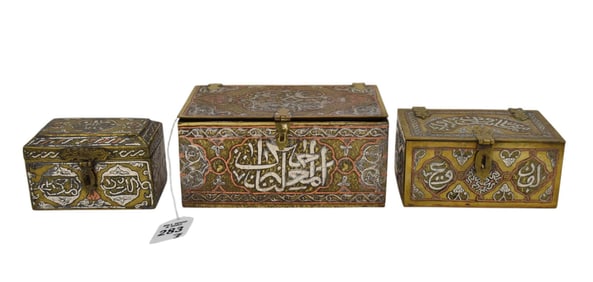 Three Mamluk Revival Damascene Silver Inlaid Boxes - C. Late 19th-20th century. Middle Eastern,