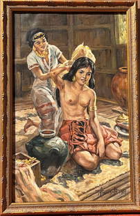 Attributed to Fernando Amorsolo (Filipino/ 1892-1972) oil on canvas, young girl bathing, canvas size: Attributed to Fernando Amorsolo (Filipino/ 1892-1972) oil on canvas, young girl bathing, canvas size 15 x 24 inches, overall framed size is 17-1/2 x 26-1/2 inches.