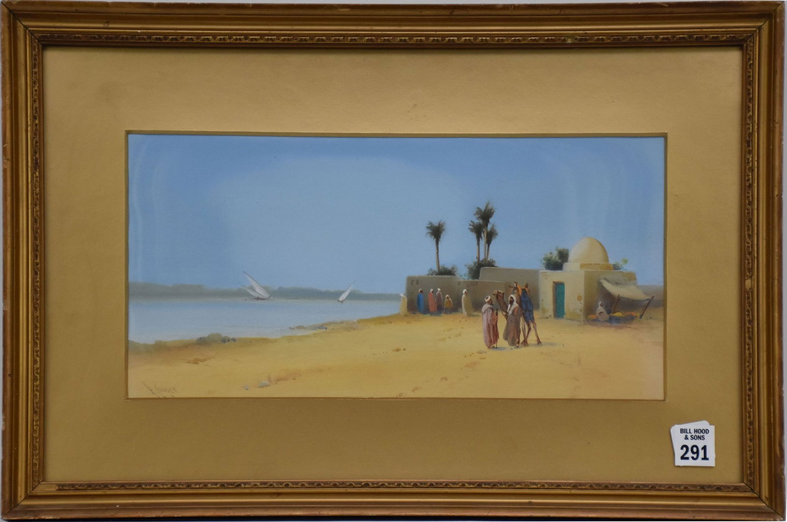 Antique Watercolor by R. Cooper, Arab Scene by the water, 6-3/4 x 14 sight size.  Overall framed (1 of 7)