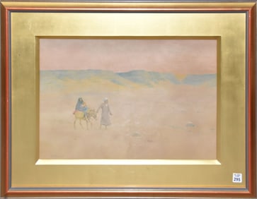 Henry Bacon (American 1866 - 1924) Watercolor, Family traveling in the Desert, 14 x 21 sight size,