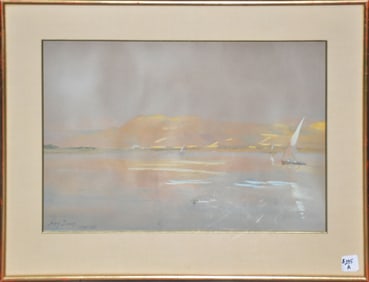 Henry Bacon (American 1866 - 1924) Watercolor, sailboats on the Nile. Luxor -1899. 13 x 19 inches.