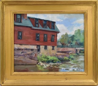 John S. Caggiano (Born 1949) oil on board Rockport, The Mill Works, 10 x 12 inches. overall frame