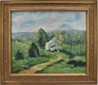 Evelyn Faherty (American 1919-2015) oil on board ca. 1985, House in the Hills. 18 1/4 x 22 1/4