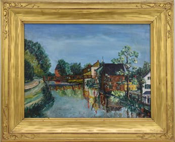 New Hope Canal Scene, Oil on board in a gilt carved frame, No apparent signature, 12 x 16 inches.