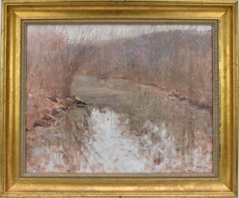 Anthony Michael Autorino (American 1937 - 2015) "Delaware Canal" oil on board, 16 x 20 inches.