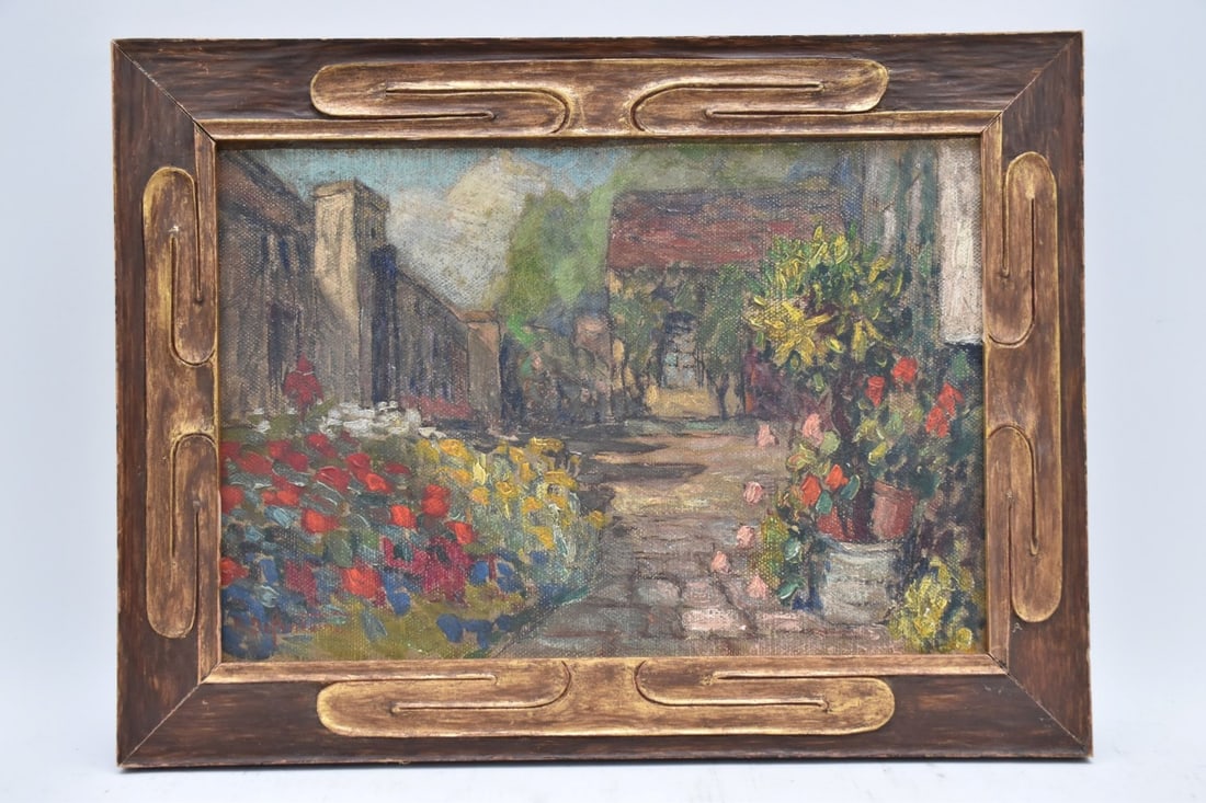 Louis Rudolphe Defontaine (French 1878-1962) oil on board, Spanish Garden- in a Toas carved frame,: Louis Rudolphe Defontaine (French 1878-1962) oil on board, Spanish Garden- in a Toas carved frame, 10-1/2 x 16 inches. Overall size 14-1/4 x 19 inches