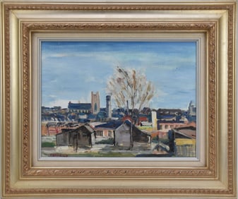 Elizabeth J Betty Treichler student of Walter Baum oil on artist board view of houses signed lower