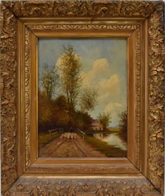 W Sanders, Dutch school sheep with Shepherd in a landscape, oil on board. Painting is 15 1/2 x 12