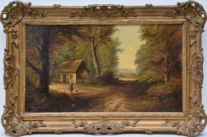 19th Century English School, oil on canvas laid on Masonite, Homestead Cottage Scene with mother and