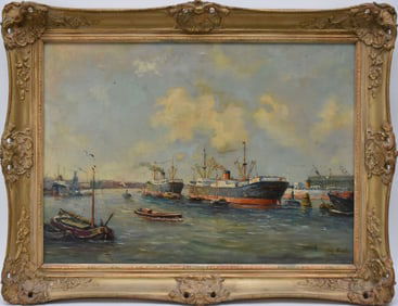 Dutch school signed Chr. Burtons Ships in Port, oil on canvas, 19 3/4 x 27-3/4 inches overall frame