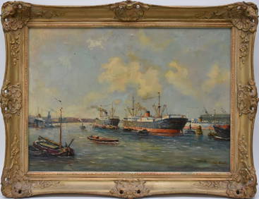 Dutch school signed Chr. Burtons Ships in Port, oil on canvas, 19 3/4 x 27-3/4 inches overall frame (1 of 9)