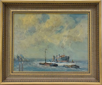 Evert Moll (Dutch 1878 - 1955) oil on canvas, Dutch Port -sailboat and ships in background 23-3/4 x