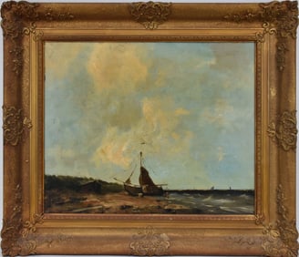 Dutch school, oil on Masonite- sailboat and figures on shore- clamming on the beach, 19-1/2 x