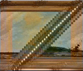 Dutch school, oil on Masonite- sailboat and figures on shore- clamming on the beach, 19-1/2 x (1 of 7)