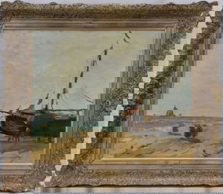 Oil on canvas signed Willie? Three ladies clamming, sailboat on shore, 27-3/4 inches x 22-3/4