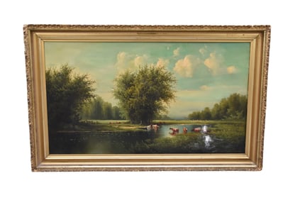 Paul Clifford 19 century oil on canvas, Cows Watering, has a few damages, canvas size 24 x 42 1/2