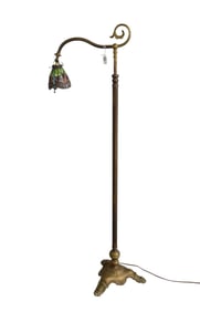 Antique Brass Floor Lamp with Leaded Glass Small Shade, paw feet.
