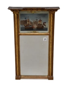 Federal Eglomise Mirror, Painting "Battleships" Above Beveled Mirror, 28 1/2"h x 17 1/2"w