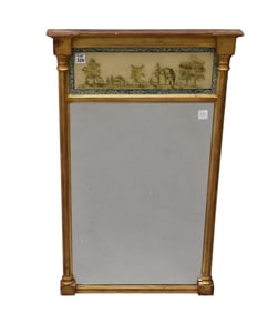 Federal Eglomise Mirror, Painting Windmill Motif with Reeded Columns, 32 1/4" x 19