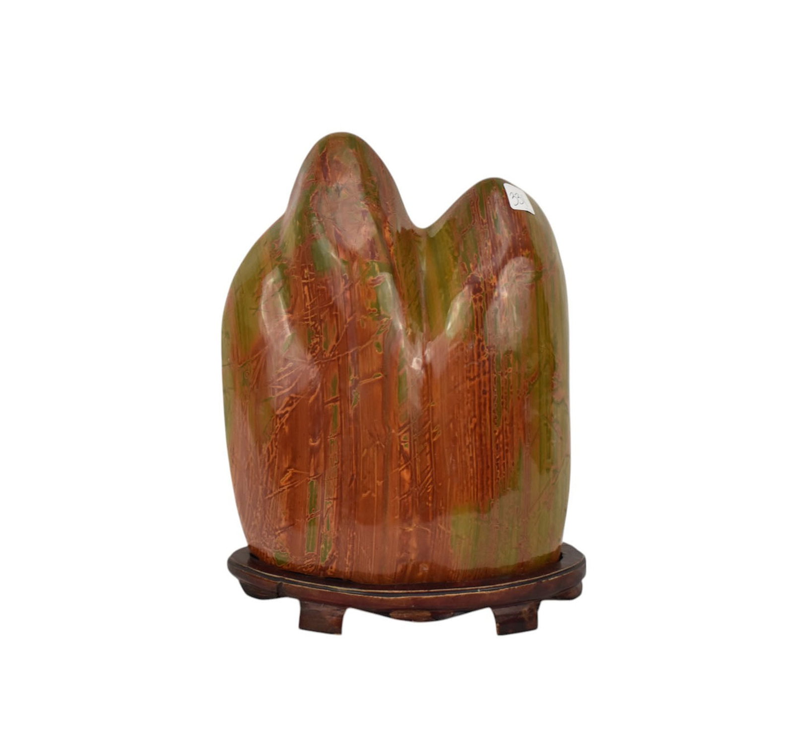 Abstract Polish Stone Striated Sculpture, Green & Browns on Base: Abstract Polish Stone Striated Sculpture, Green & Browns on Base