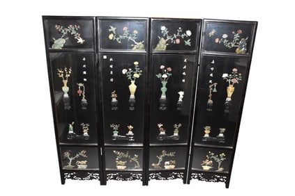 Chinese 4 panel Screen with Multi stone and jade carvings under glass. Each panel 72-1/2 x 19