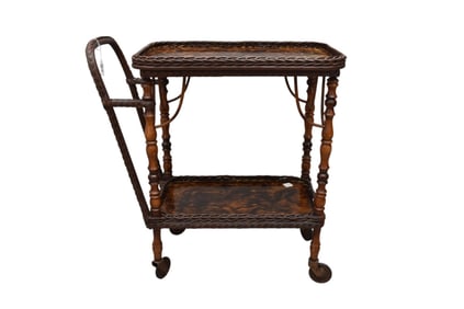 Diminutive 2 Tier Vintage Wicker Tea Wagon, Tortoise Type Shelves
