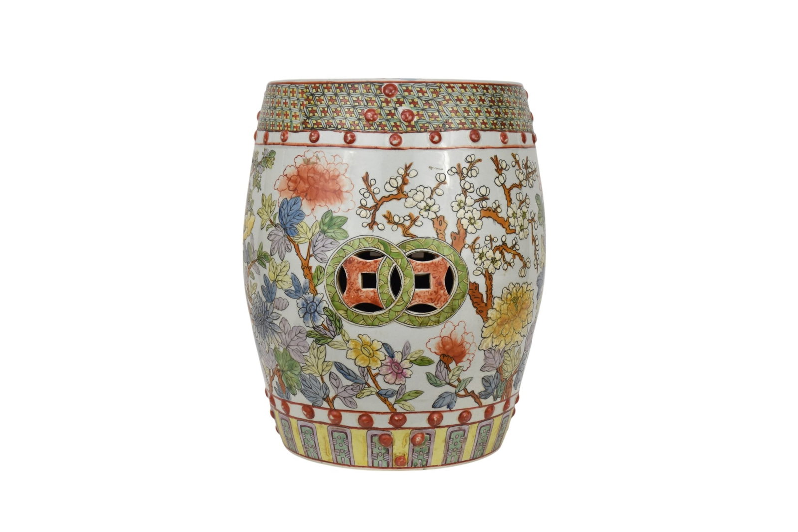 Chinese Style Ceramic Garden Seat, Flowering Tree Motif: Chinese Style Ceramic Garden Seat, Flowering Tree Motif, 17.5"H x 13"Dia