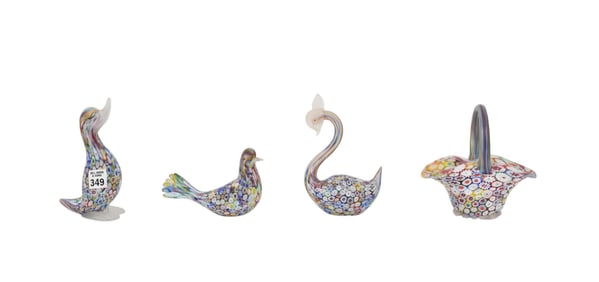 Grouping of 4 Italian Millefiori glass figurines, a swan, dove, duck and a basket one little chip to