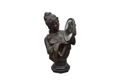 Large Art Nouveau Bronze bust of a Lady looking in the mirror 24" high x 15" wide x 11" deep