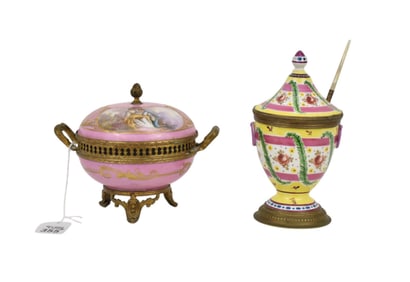 2 antique French porcelain items, #1 hand painted covered vanity box with courting scene pink