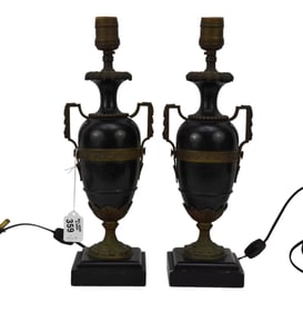 Pair Classical Bronze Mounted Black Marble Urn Form Lamps, 14"h top of socket