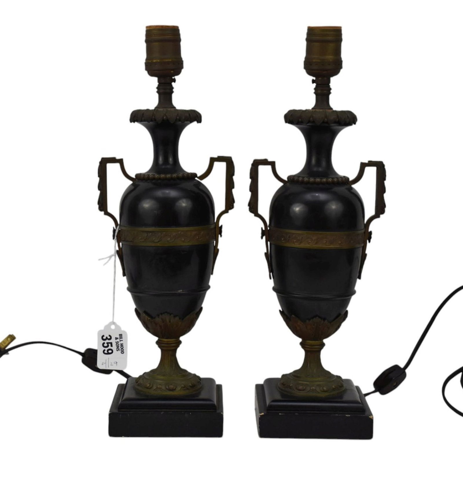 Pair Classical Bronze Mounted Black Marble Urn Form Lamps, 14"h top of socket (1 of 6)