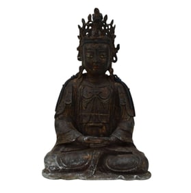 A Patinated Bronze Seated Bodhisattva Figure - Chinese. Bodhisattva figure seated with hands in