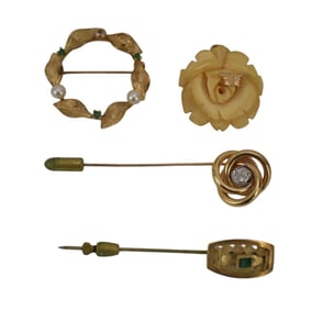 14K Yellow Gold Brooch & Pin Lot.  2 hat pins 2.25", 1 Brooch 1.25" and 1 carved bone pendant with