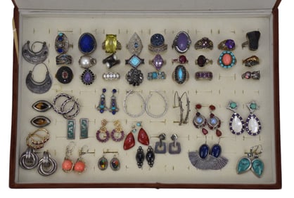 Sterling Silver Jewelry Lot Rings & Earrings. 26 Rings various sizes and 19 Pairs of earrings.