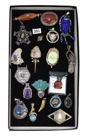 Sterling Silver Jewelry Lot 21 Brooches & Pendants. 500 grams Taxco, JAI, Samuel B, Sajen, etc