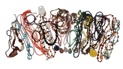 Costume Jewelry Lot Mostly Necklaces. Jade, turquoise, Amber, Coral etc