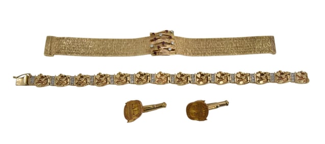 9 - 10K Yellow Gold Lot. 1 9Kt (375) bracelet with diamond and rubies, 6" wt. 35.4 grams, 10K nugget