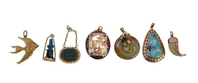 14K Yellow Gold Pendant Lot. Turquoise, Enamel, Jade etc. length 1" - 2" wt. 36.1 grams