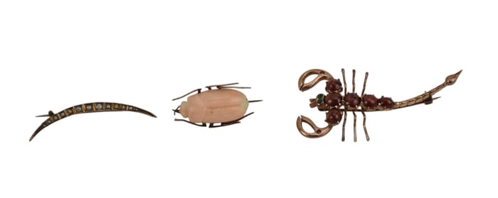 9K & 10K Yellow Gold Brooch Lot. 9K seed pearl brooch 2" 1.4 grams, 10K Scorpion Rubies and