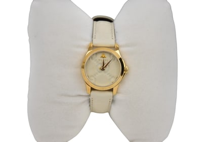 Gucci G Timeless Quartz White Dial White Leather Strap Watch For Women. Leather band length 8"