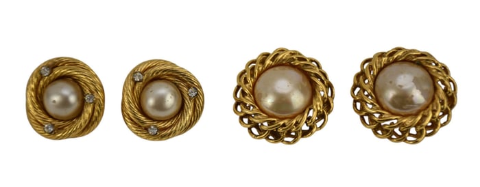 2 Pairs Costume Chanel Clip On Faux Pearl Earrings. 1" - 1.25"