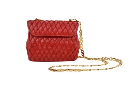 Vintage JUDITH LEIBER Reptile Red Leather Should Bag. Gold Strap 21" Bag 5.5" x 7" with change