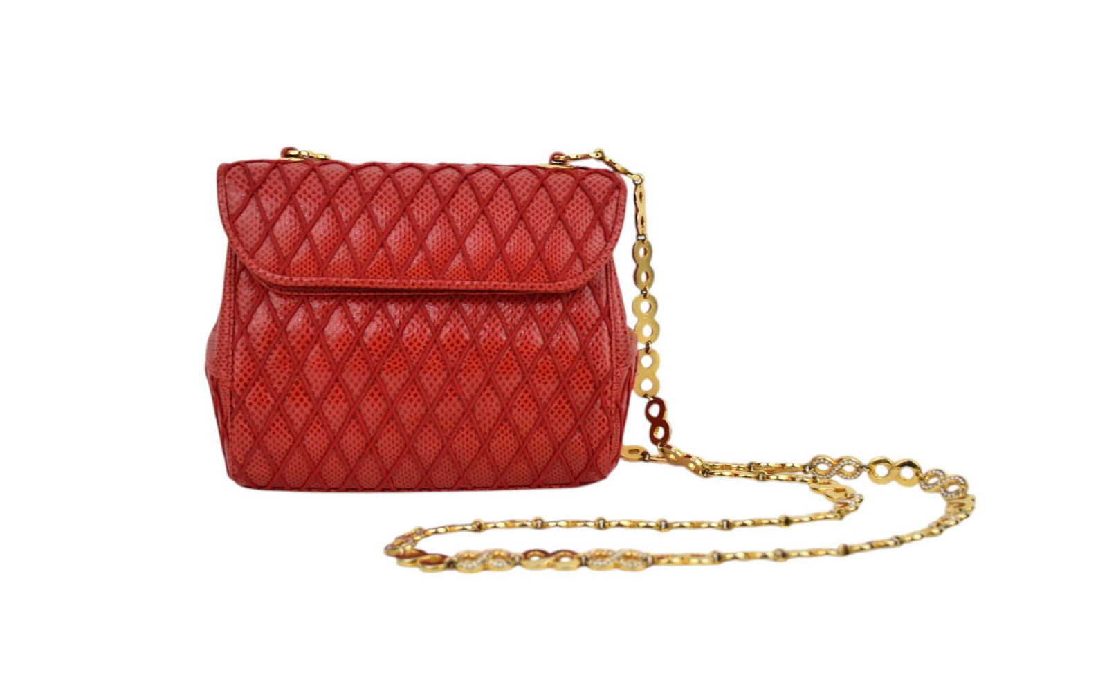 Vintage JUDITH LEIBER Reptile Red Leather Should Bag. Gold Strap 21" Bag 5.5" x 7"  with change (1 of 13)