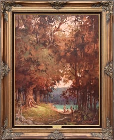 Jack Jordan (AMERICAN, 1925–1998) oil on canvas, Native American Encampment, "The Courtship of