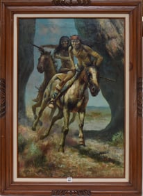 TROY DENTON (American, 1949- ) oil on canvas, Indians on Horseback, canvas 24 x 36 inches, overall